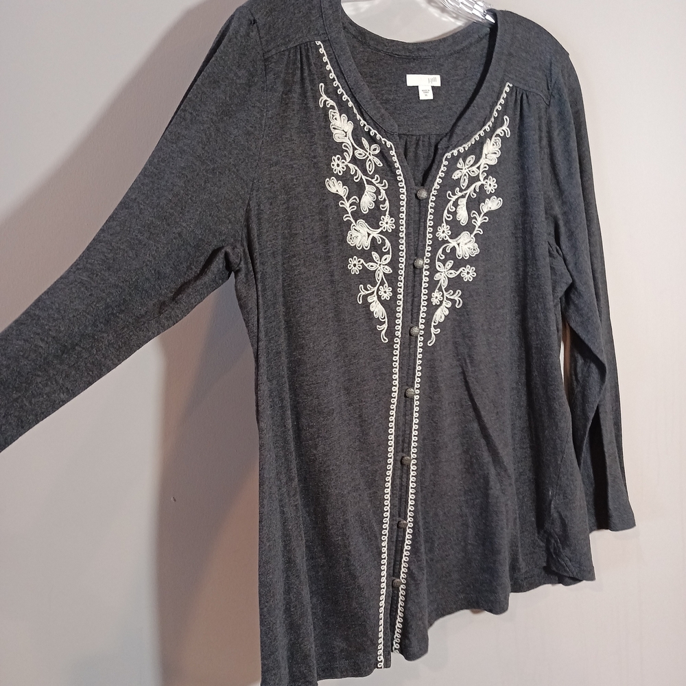 J.Jill Button Front Embroidered Top Size XL Grey White - Picture 6 of 7